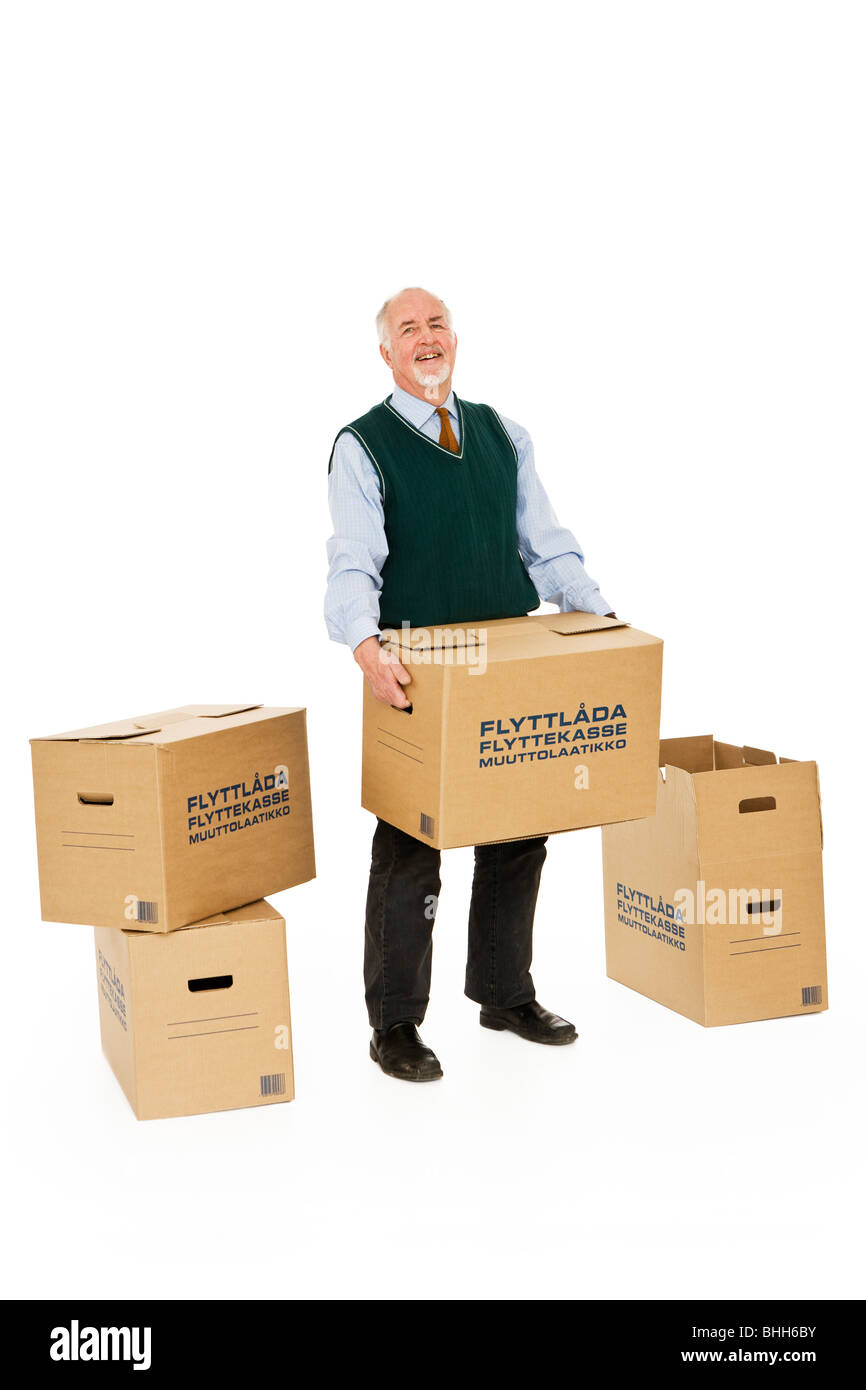 Ältere Mann mit Boxen. Stockfoto
