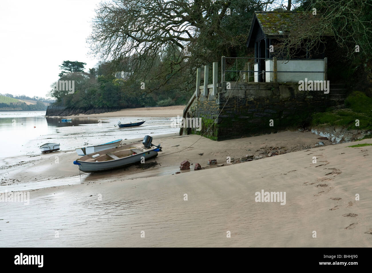 Boote bei Ebbe, Graben Ende, East Portlemouth, Salcombe Mündung, South Devon Stockfoto