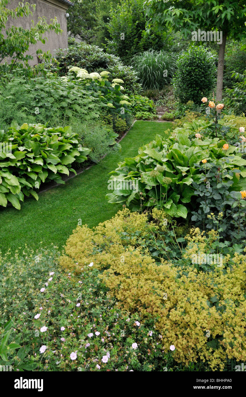 Gras Pfad in einer beständigen Garten Stockfoto