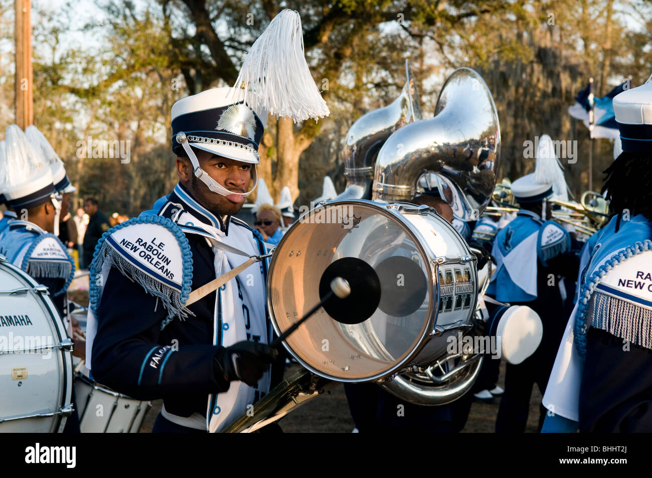 Staging-Bereich des Endymion mit marching Band, Karneval 2010, New Orleans, Louisiana Stockfoto