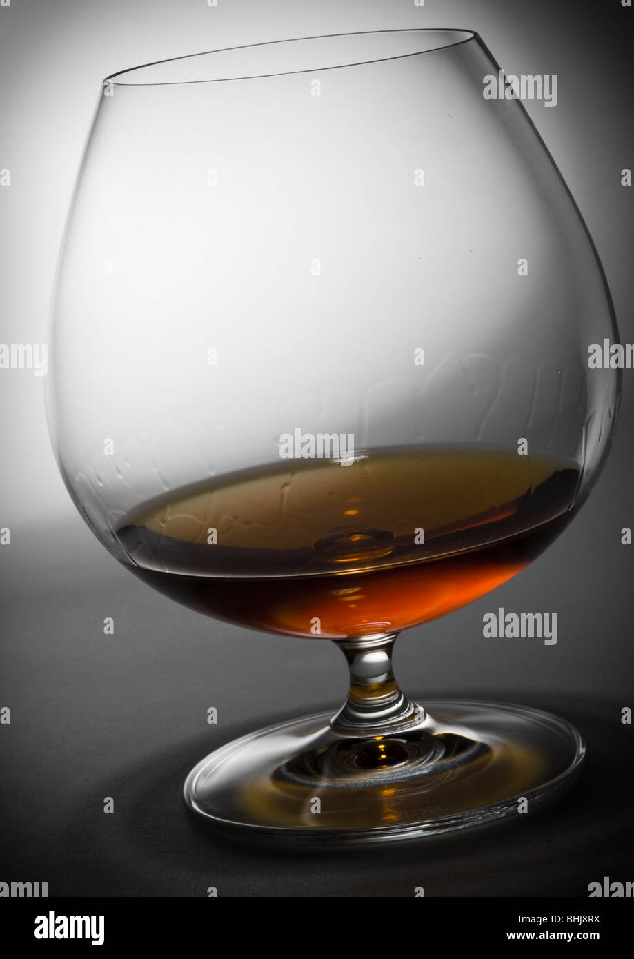 Glas mit Cognac gegen von weiß ins Dunkel. Cognac tropft Fluss an Glaswänden. Stockfoto