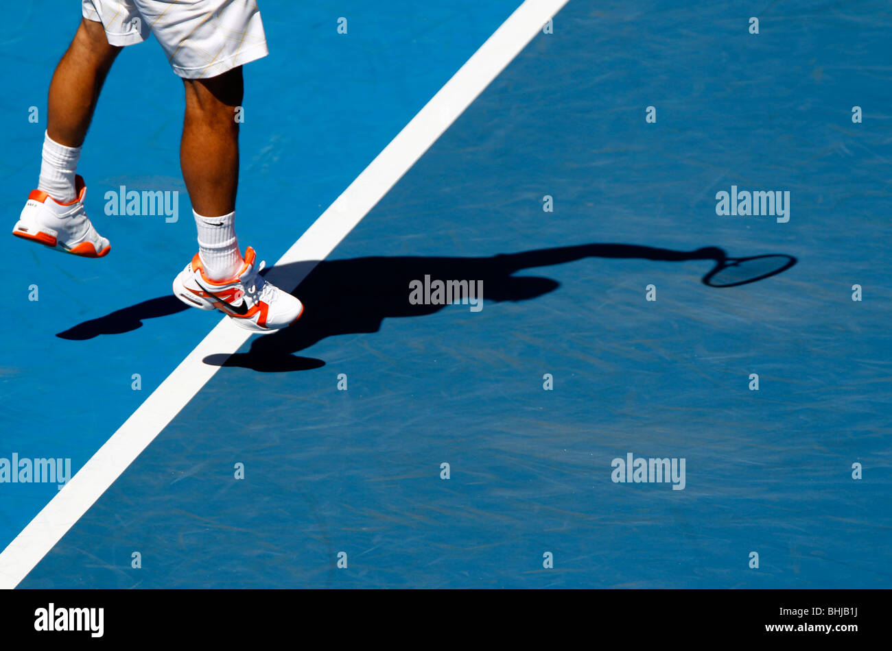 Schatten von Rafael Nadal aus Spanien bei den Australian Open 2010 in Melbourne, Australien Stockfoto