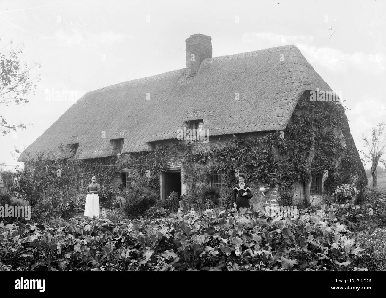 Reetdachhaus mit Frauen draußen, Shellingford, Oxfordshire, c1860-c1922. Künstler: Henry Verspottung Stockfoto