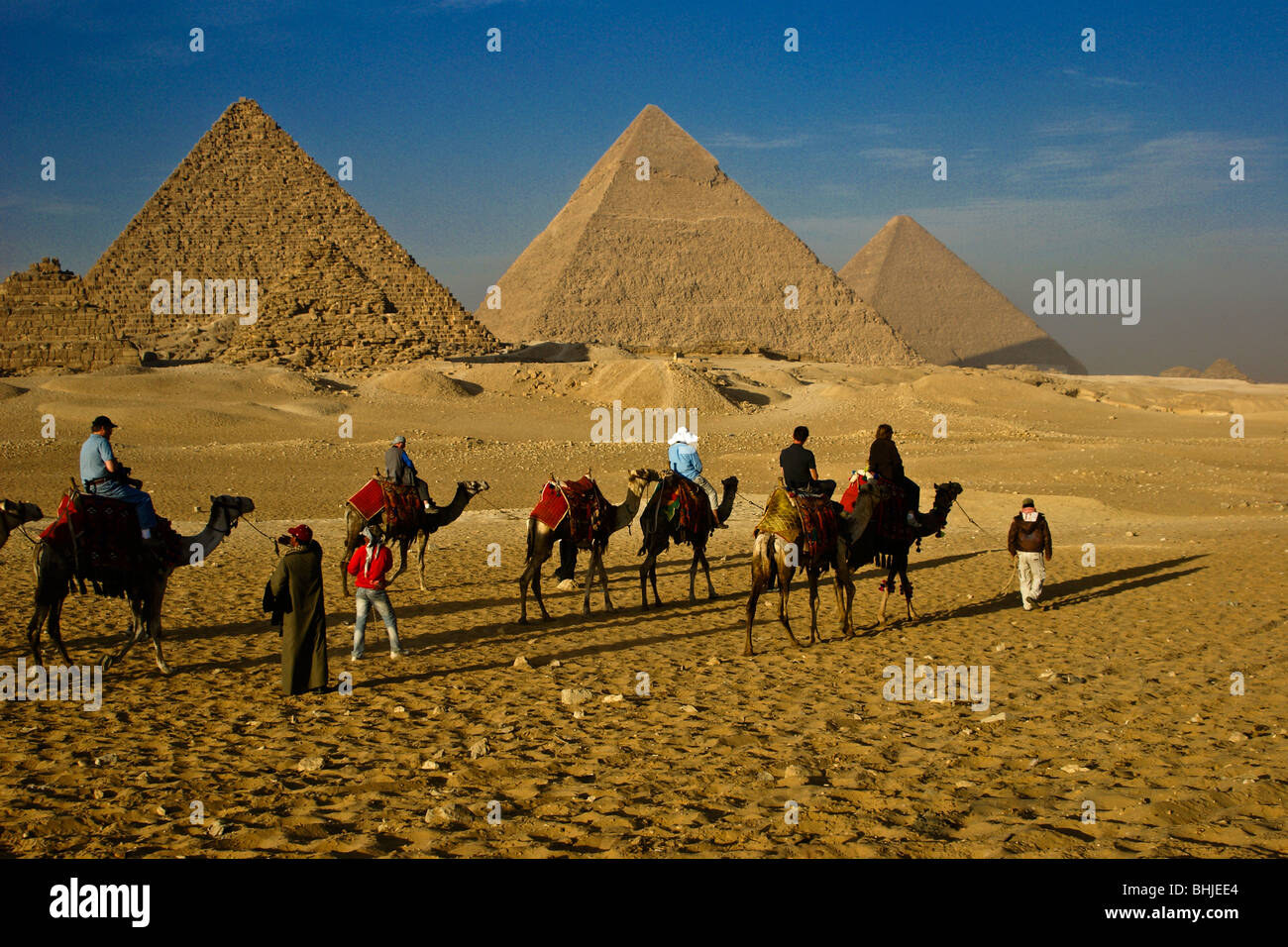 Touristen, Kamelreiten bei Pyramiden von Gizeh, Kairo, Ägypten Stockfoto
