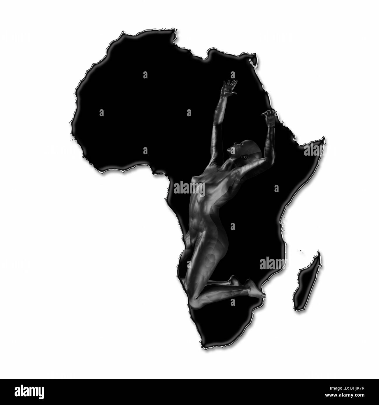 Abbildung einer Frau, die verzweifelt auf einer Karte von Afrika erreichen. Konzeptbild von Hunger, Hunger und Verzweiflung in Afrika Stockfoto