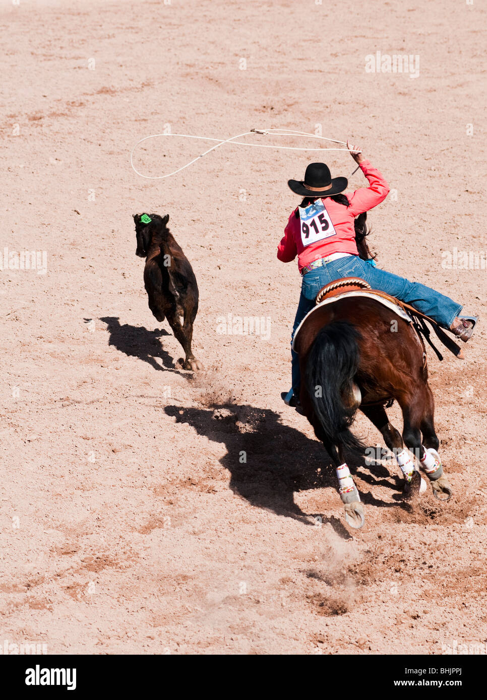 Eine Cowgirl konkurriert in der abtrünnigen Abseilen Veranstaltung während der O' odham Tash All-indischen rodeo Stockfoto