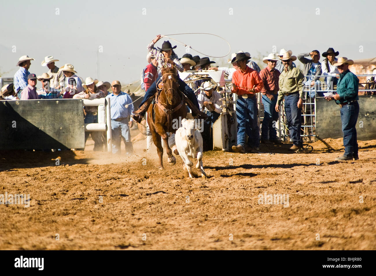 eine Cowgirl konkurriert in der abtrünnigen Abseilen Ereignis während eines Highschool-rodeo Stockfoto