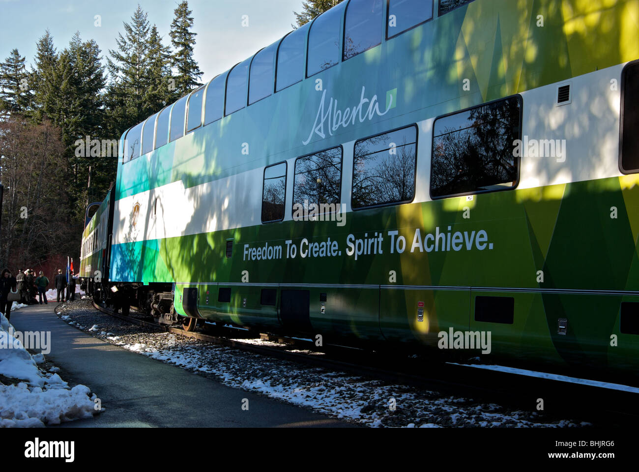 Rocky Mountaineer Kuppel Pkw im verschneiten Whistler Bahnhof während der Olympischen Winterspiele 2010 Stockfoto