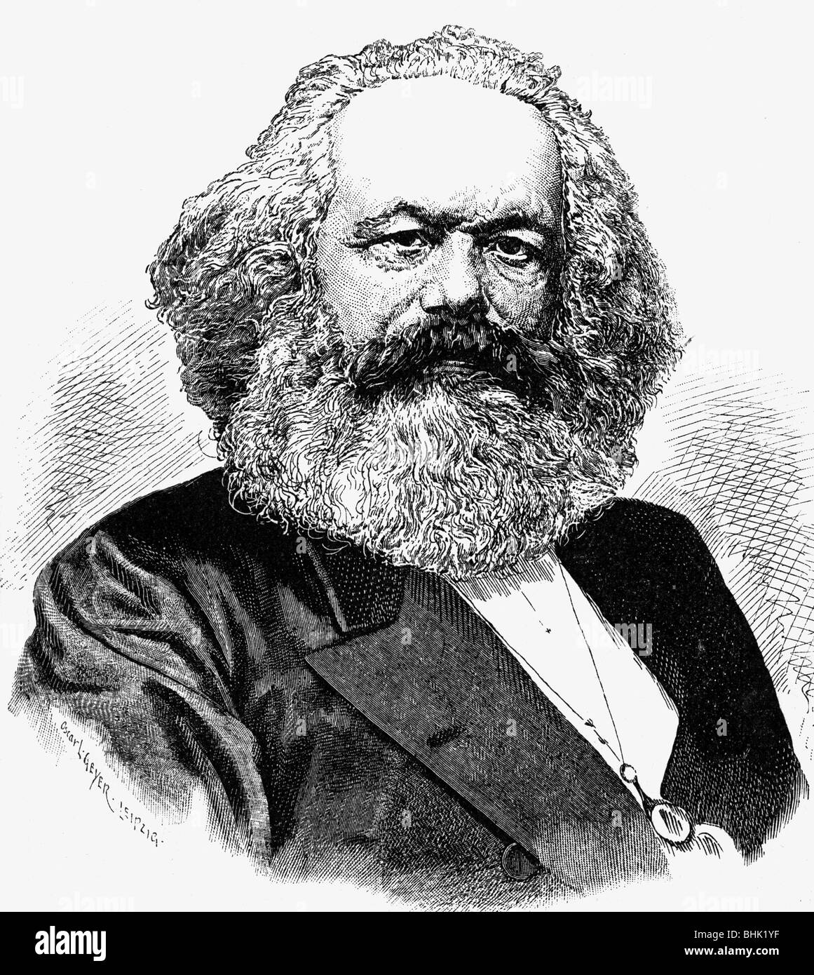 Marx, Karl, 5.5.186 - 14.3.1883, deutscher Philosoph, Porträt, Holzgravur von Oskar L. Geyer, ca. 1880, Stockfoto