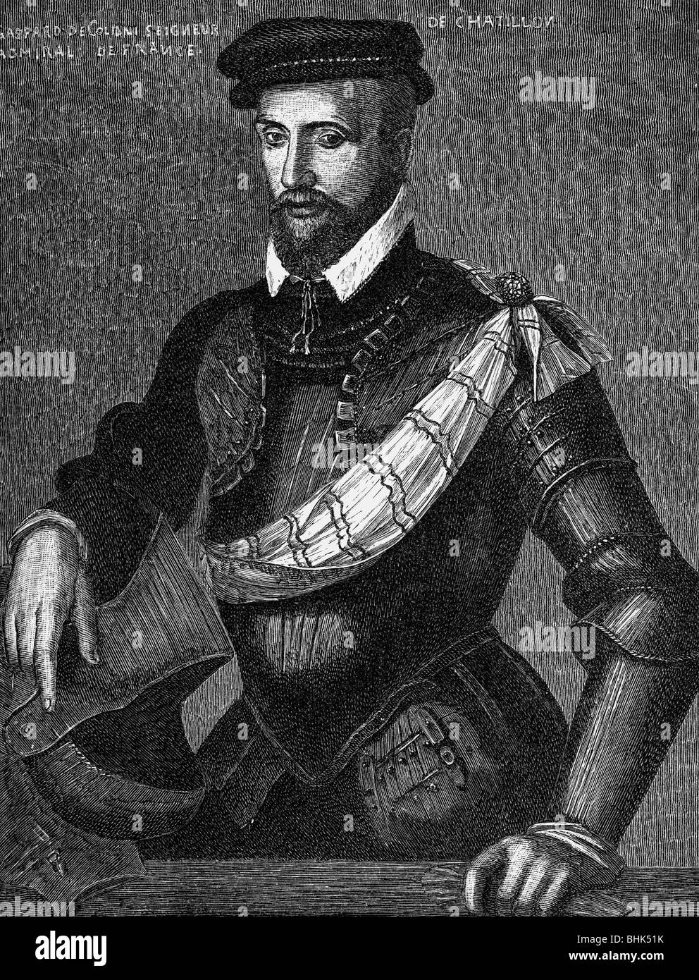 Coligny, Gaspard II. De, Herr von Chatillion, 16.2.1519 - 24.8.1572, französischer Politiker, Admiral von Frankreich 1552 - 1572, halbe Länge, Holzgravur, 19. Jahrhundert, Stockfoto