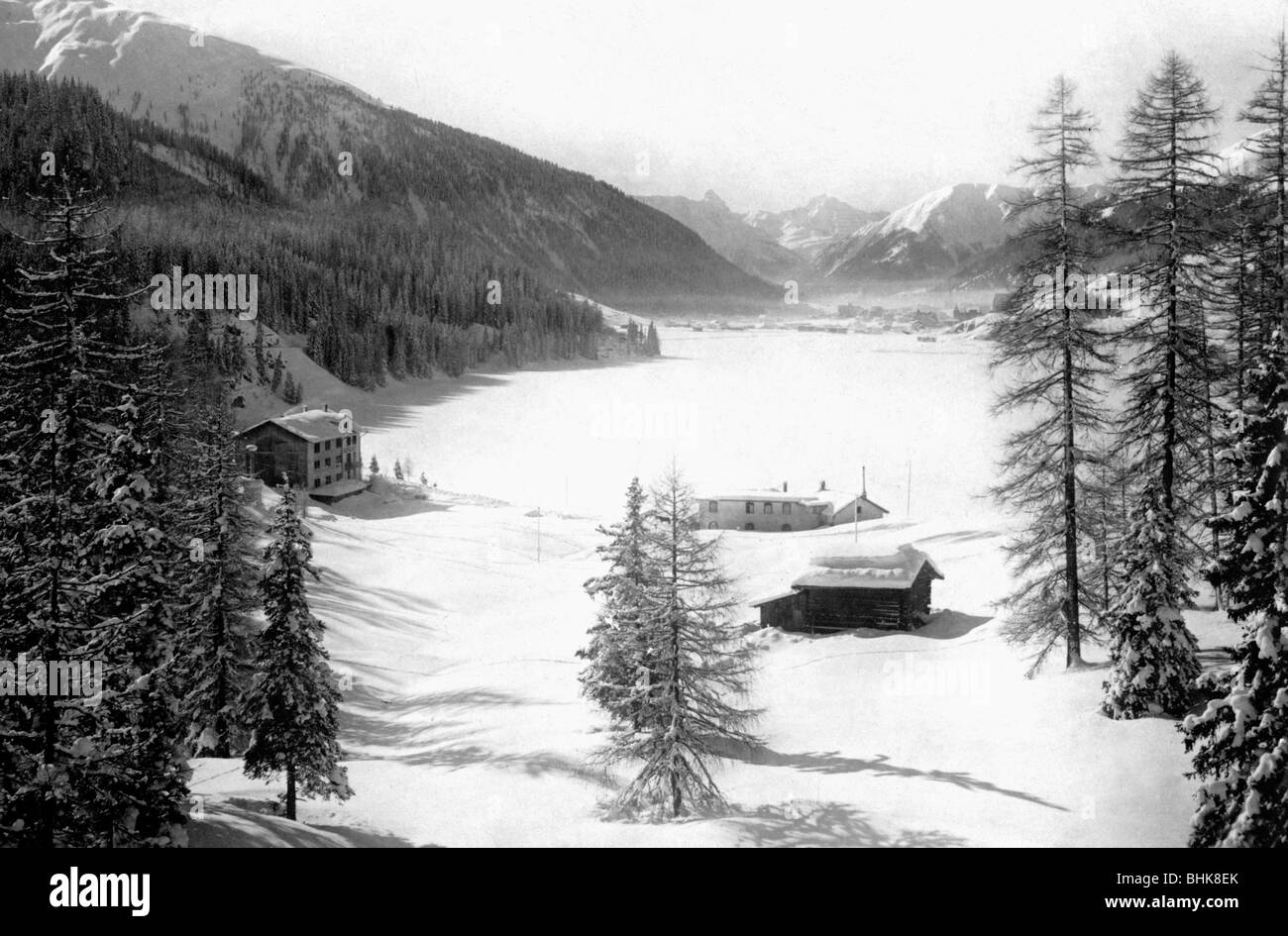 Geographie/Reise, Schweiz, Landschaften, Blick auf den Davoser See, Kanton Graubuenden, Winter 1913, Stockfoto