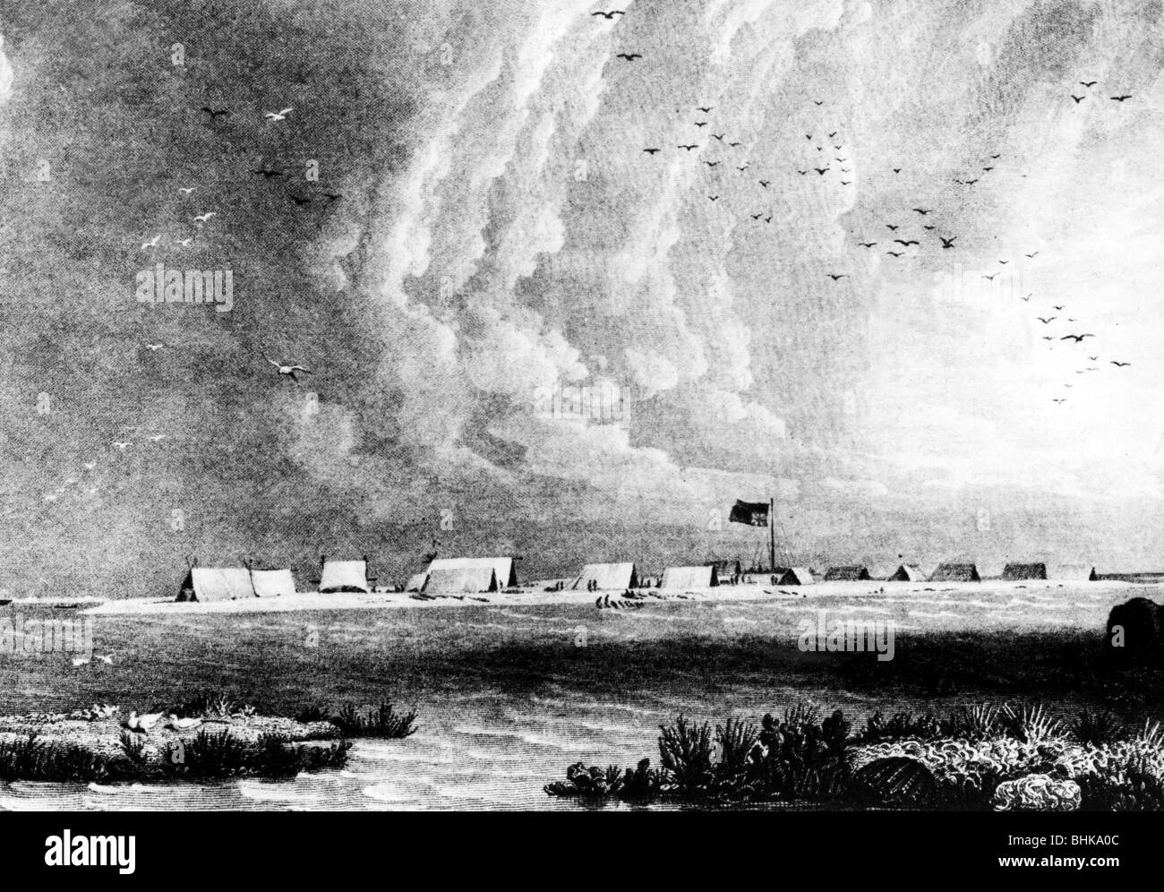 Flinders, Matthew, 16.3.174 - 19.7.1814, britischer Entdecker, Lager seiner australischen Expedition, in der Nähe von Port Jackson, 1801 - 1802, Stockfoto