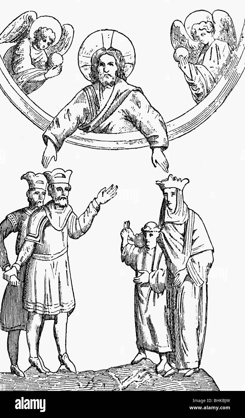 Lothair II, ca. 941 - 2.3.986, König von West Francia 954 - 986, mit König Louis V., Sohn Otto und Frau Emma, Holzgravur nach Miniatur, 19. Jahrhundert, Stockfoto