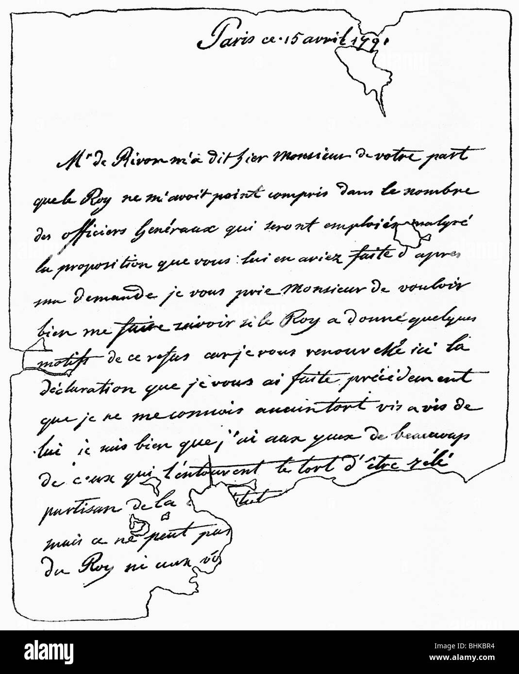 Louis Philipp II., 13.4.1747 - 6.11.173, Herzog von Orleans 18.11.810 - 6.11173, Handschrift, Brief vom 15.4.1701, Vorderseite, Fax, Stockfoto