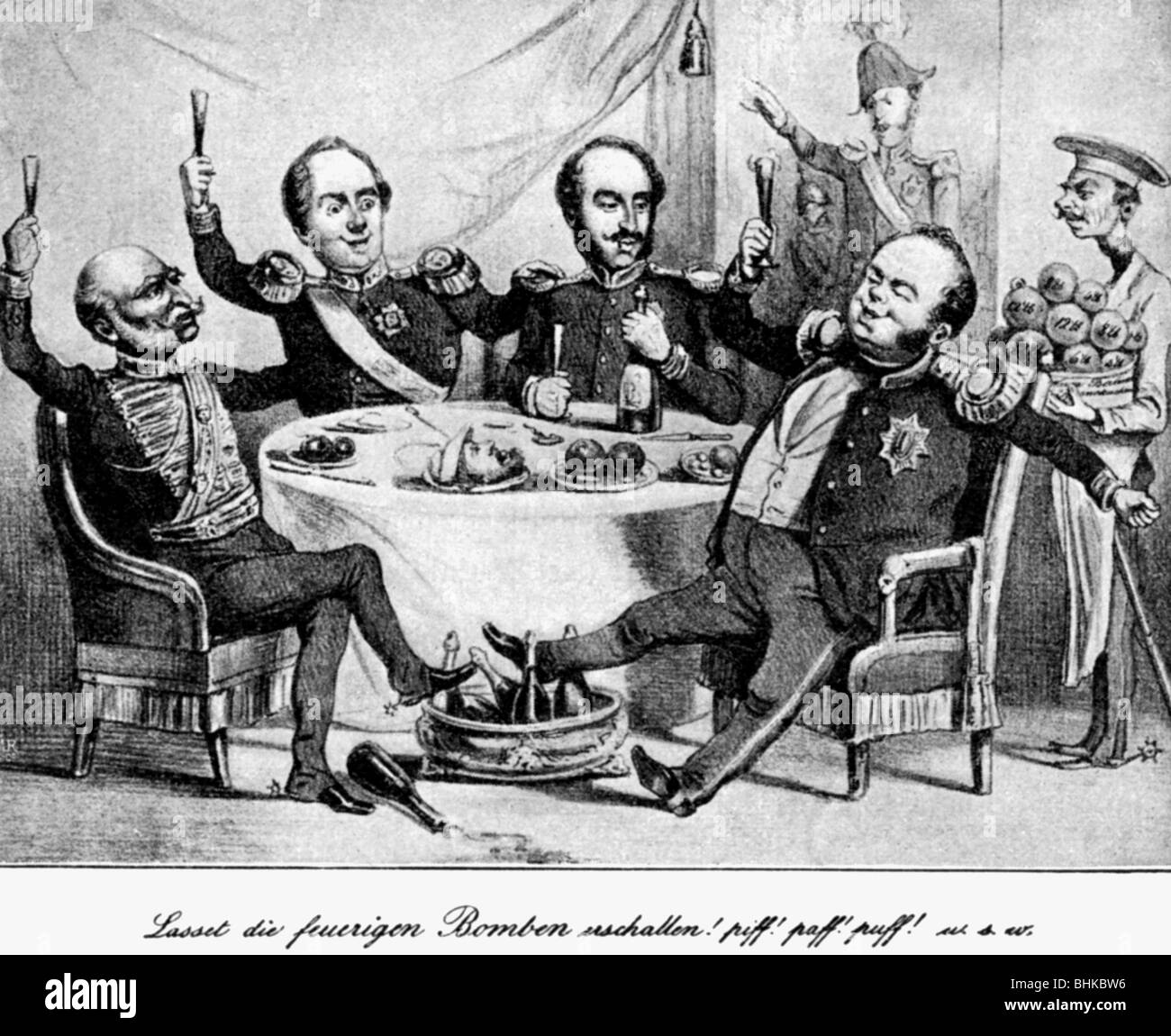 Friedrich Wilhelm IV., 15.10.95 - 2.1.1861, König von Preßburg 7.6.1840 - 26.10.1858, Karikatur, "Let have the feury Bombs resound", Hamburg, 1848, Stockfoto