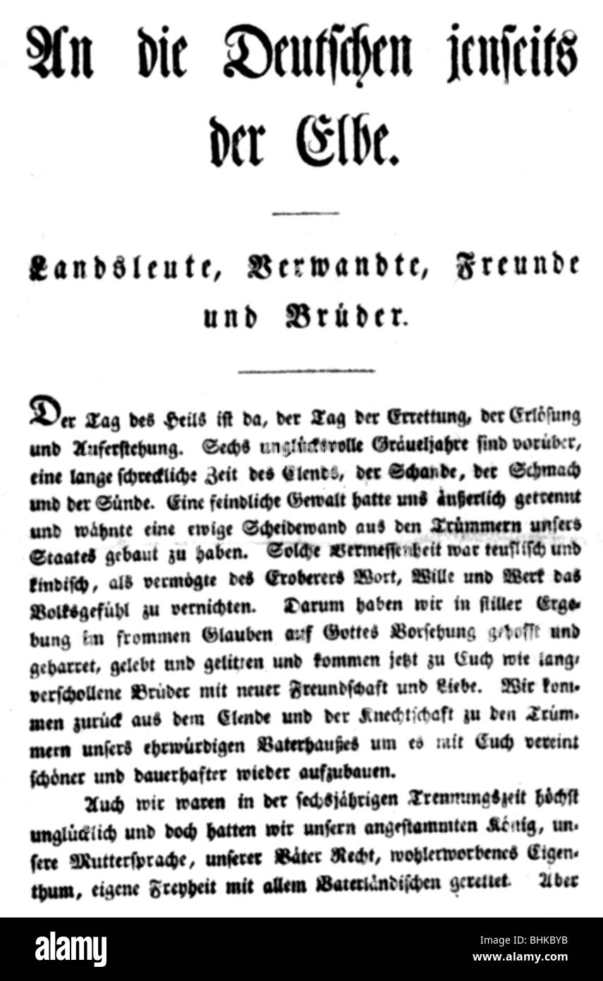Jahn, Friedrich Ludwig, 11.8.298 - 15.10.1852, deutscher Nationalist, arbeitet, "An die Deutschen Jenseien der Elbe" ("An die Deutschen jenseits der Elbe"), 187, Stockfoto