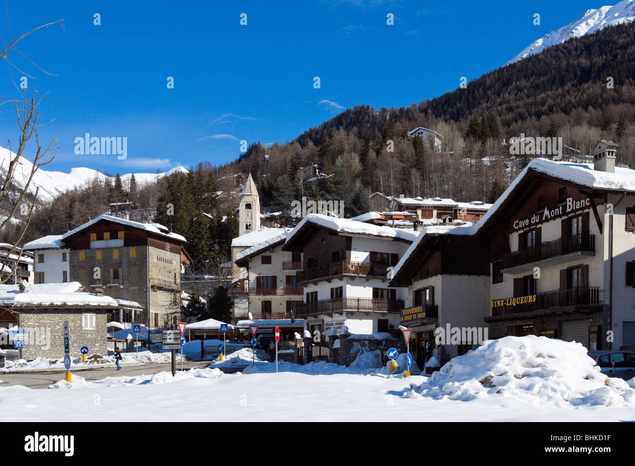 Blick auf das Zentrum des Resort, Courmayeur, Aostatal, Italien Stockfoto