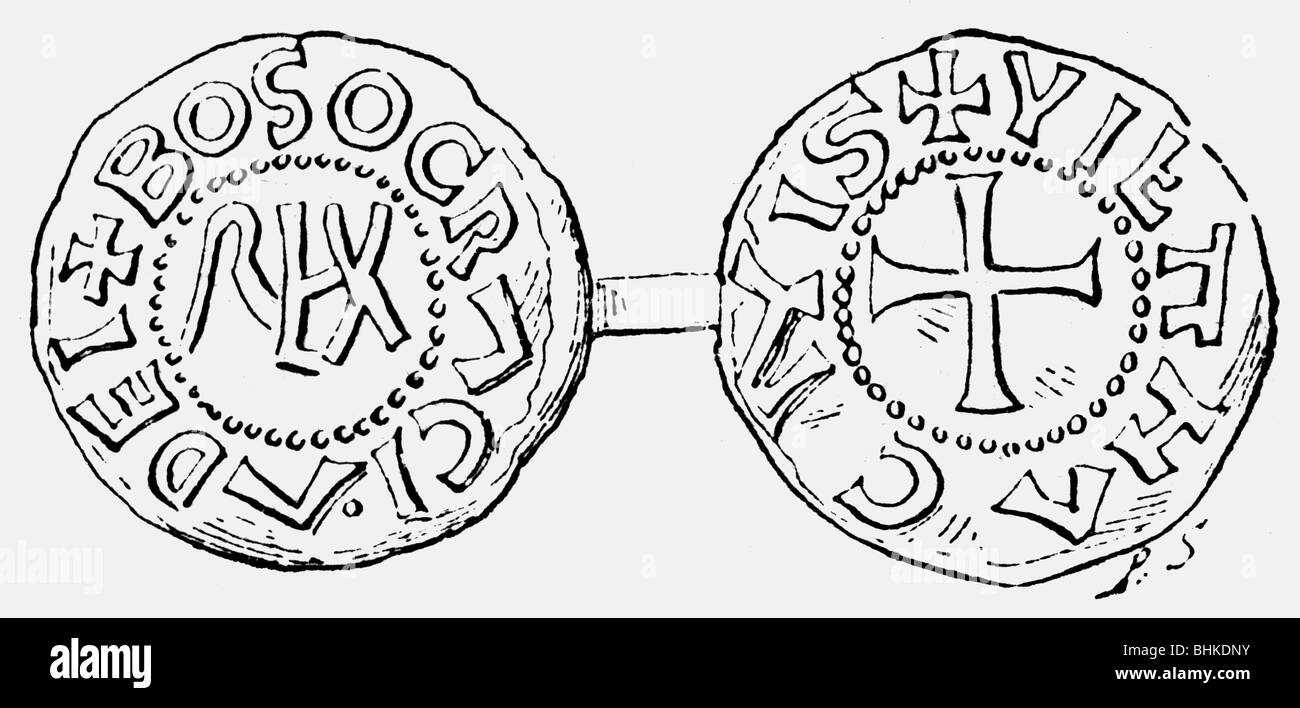 Geld, Münzen, Frankenreich, Münze des Königs Boso von Provence, 879 - 887, Vorderseite und Rückseite, Holzgravur, 19. Jahrhundert, Stockfoto