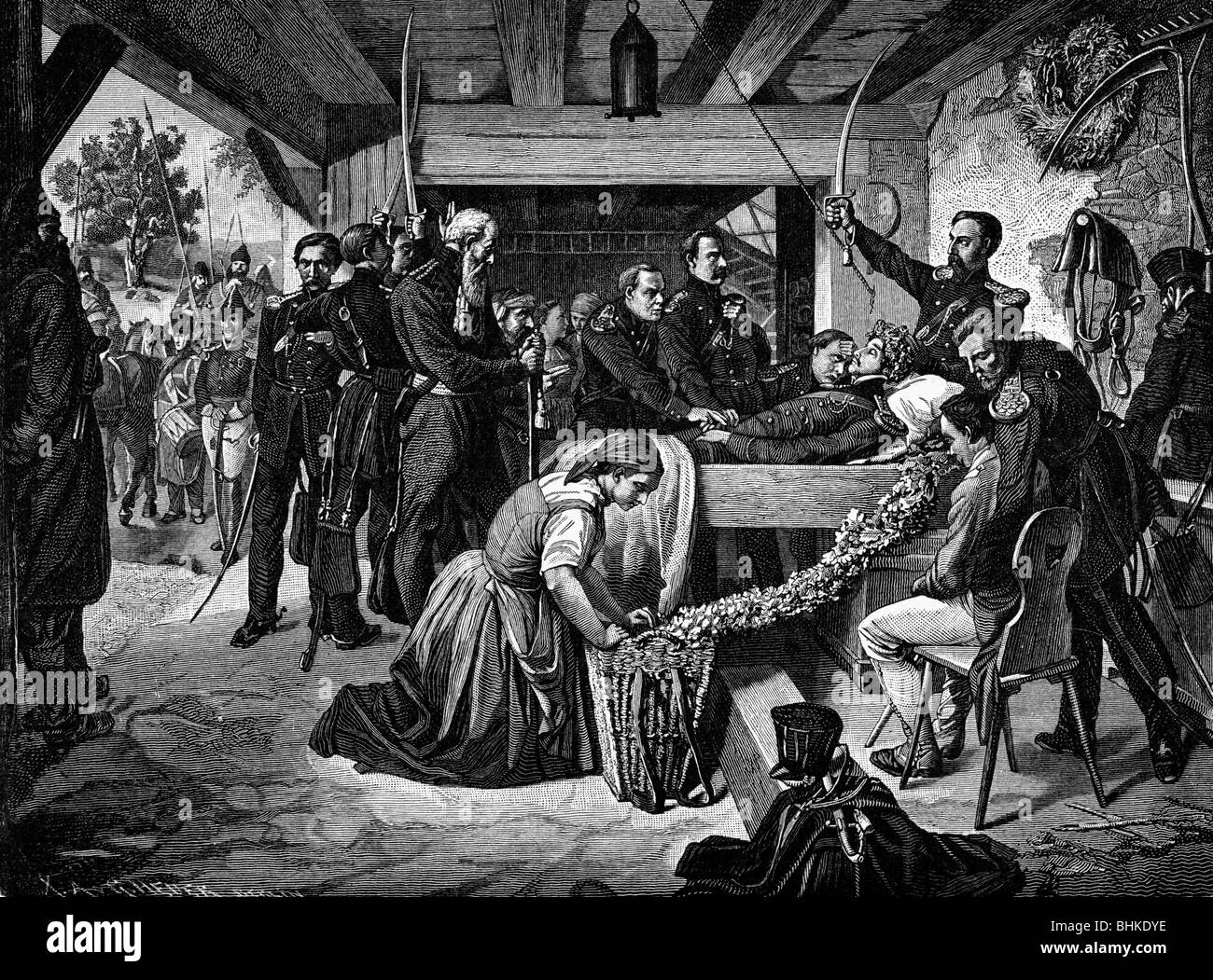 Koerner, Karl Theodor, 23.9.Ih - 26.8.187, deutscher Dichter, sein Tod, 26.8.1813, sein Leichnam auf einem Bier, Holzgravur, 19. Jahrhundert, Stockfoto