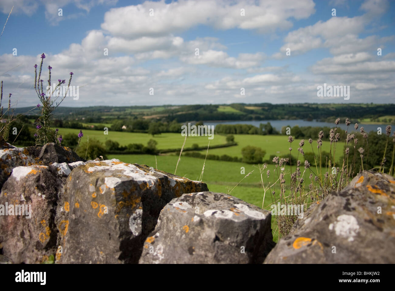 Steinmauer mit Blick auf See Chew Magna Stockfoto