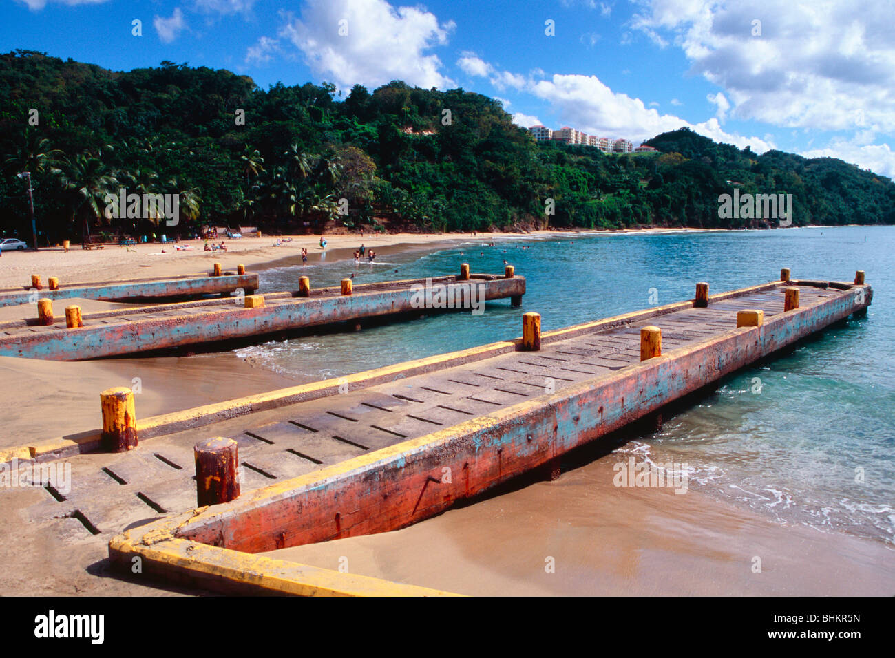 Old Navy Pier für Rescue Boote, Crashboat Beach, Puerto Rico Stockfoto
