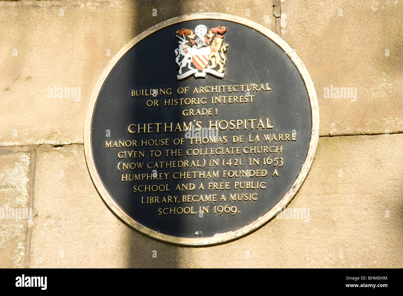 Chetham es School of Music Plaque in Manchester Stockfoto