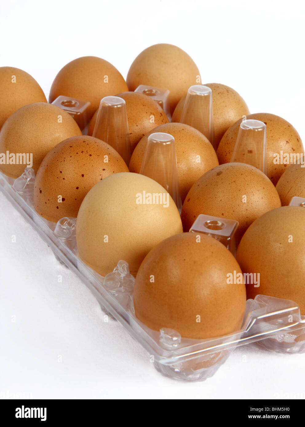 Neue braune Freilandhaltung Eiern in Kunststoff Karton gelegt Stockfoto