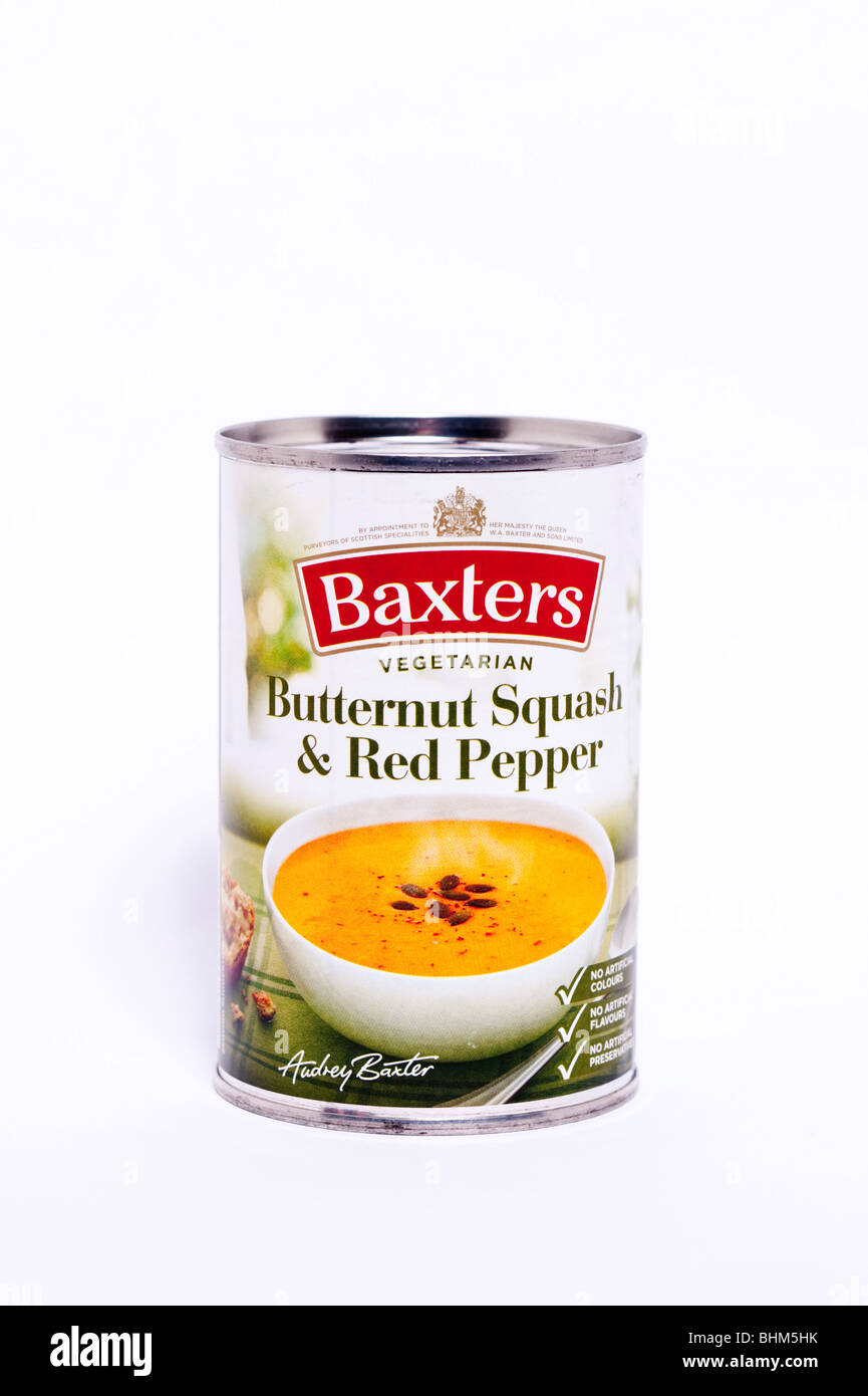 Eine Dose auch vegetarische Kürbis & Paprika Suppe auf weißem Hintergrund Stockfoto