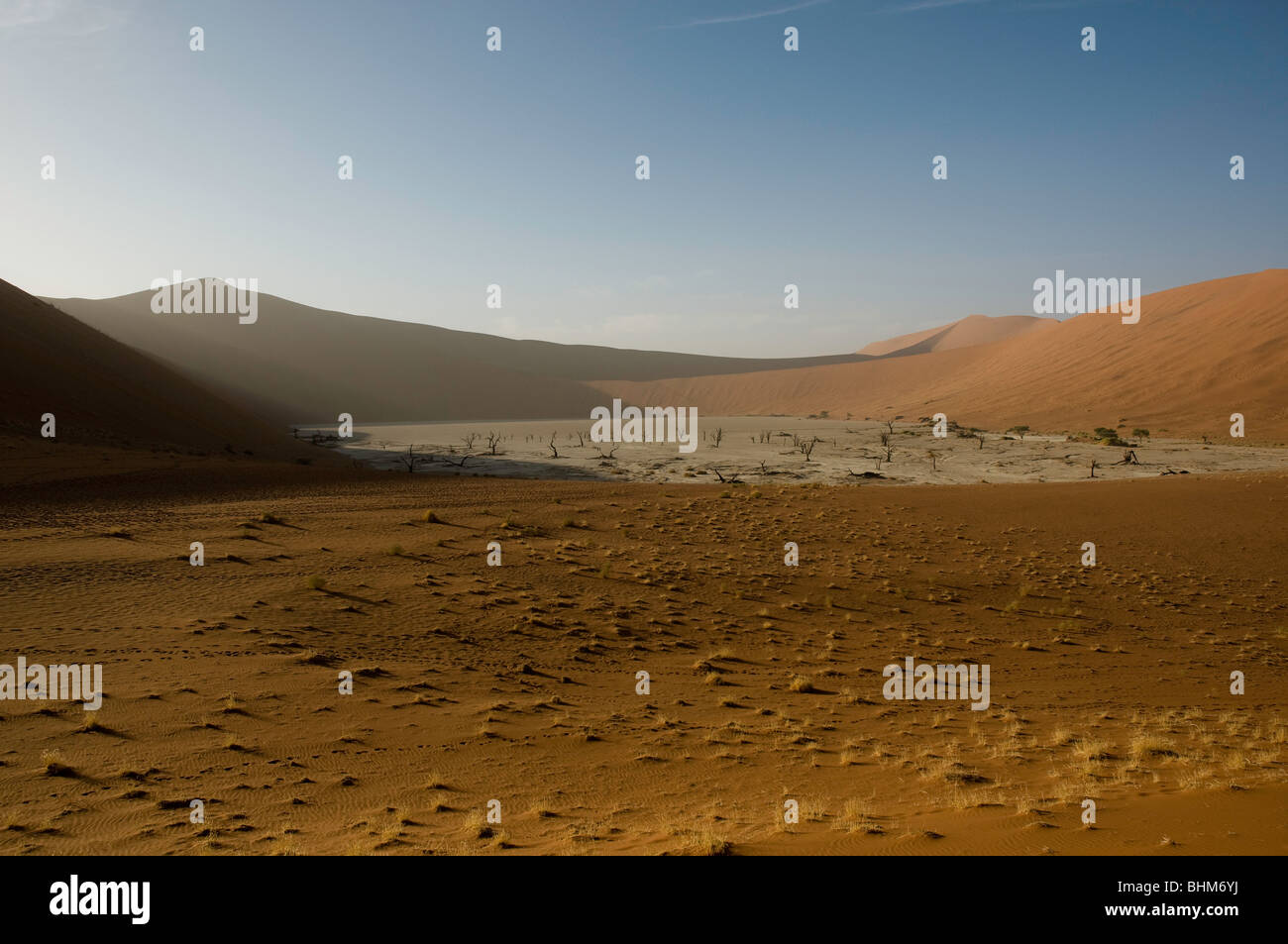 Deadvlei trockenen Schlamm Pfanne. Tote Bäume, rote Sanddünen. Sossusvlei. Namibia Stockfoto