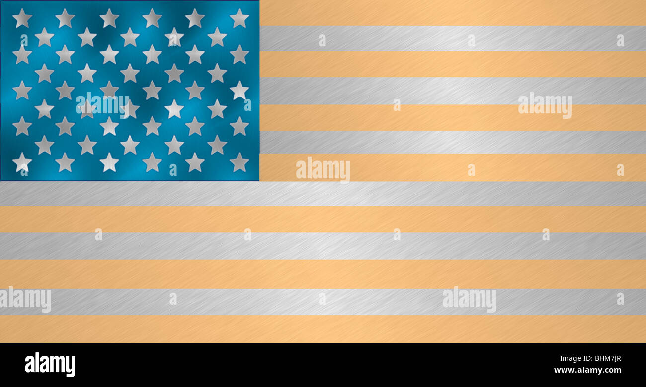 Metallische amerikanische Flagge - amerikanische Flagge aus Gold, Silber und Edelstahl gefertigt Stockfoto