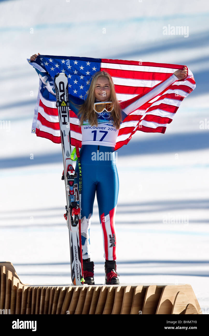 Lindsey Vonn (USA), Bronzemedaillen-Gewinner bei den Olympischen Winterspiele 2010, Vancouver in die Frauen alpinen Skifahren Super G, Stockfoto