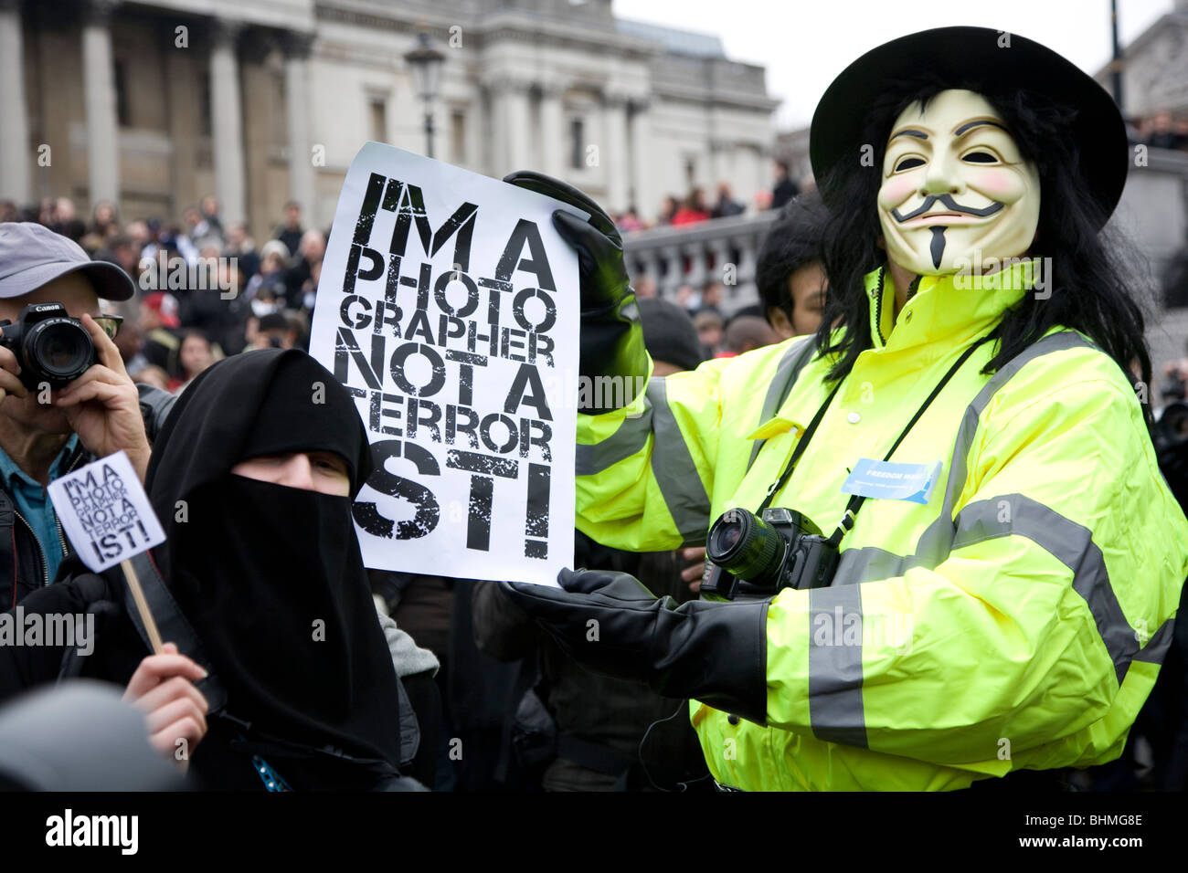 Fotografen protestieren am Trafalgar Square in London wieder verwenden Polizei von Terror-Gesetz Stockfoto