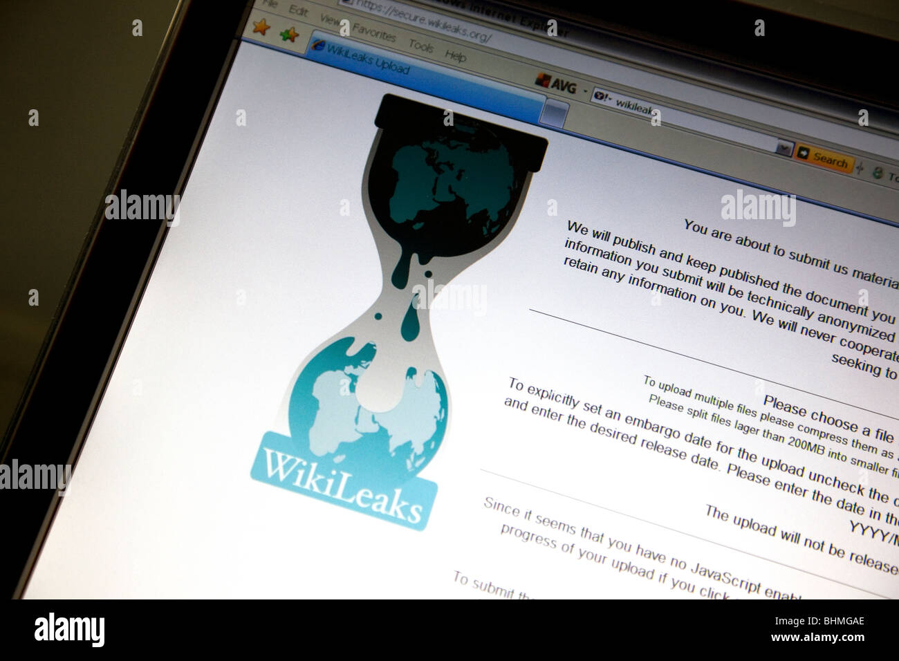 Wikilieaks Webseite nur zur redaktionellen Nutzung Stockfoto