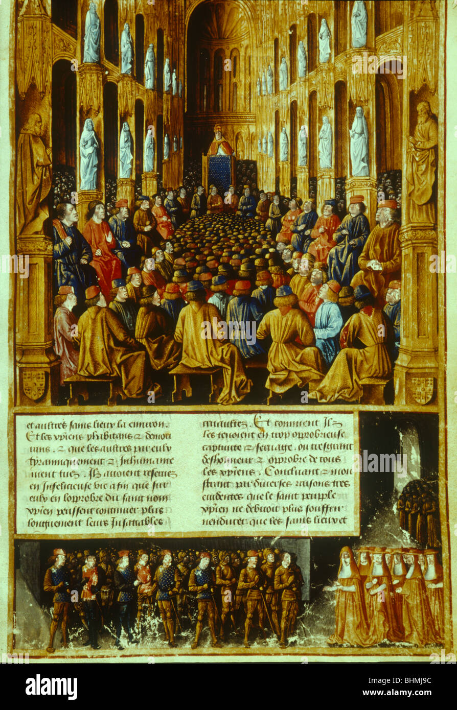 Papst Urban II. Predigt den ersten Kreuzzug 1095 an Rat von Clermont MS Francais 5594 Folio 19 Stockfoto