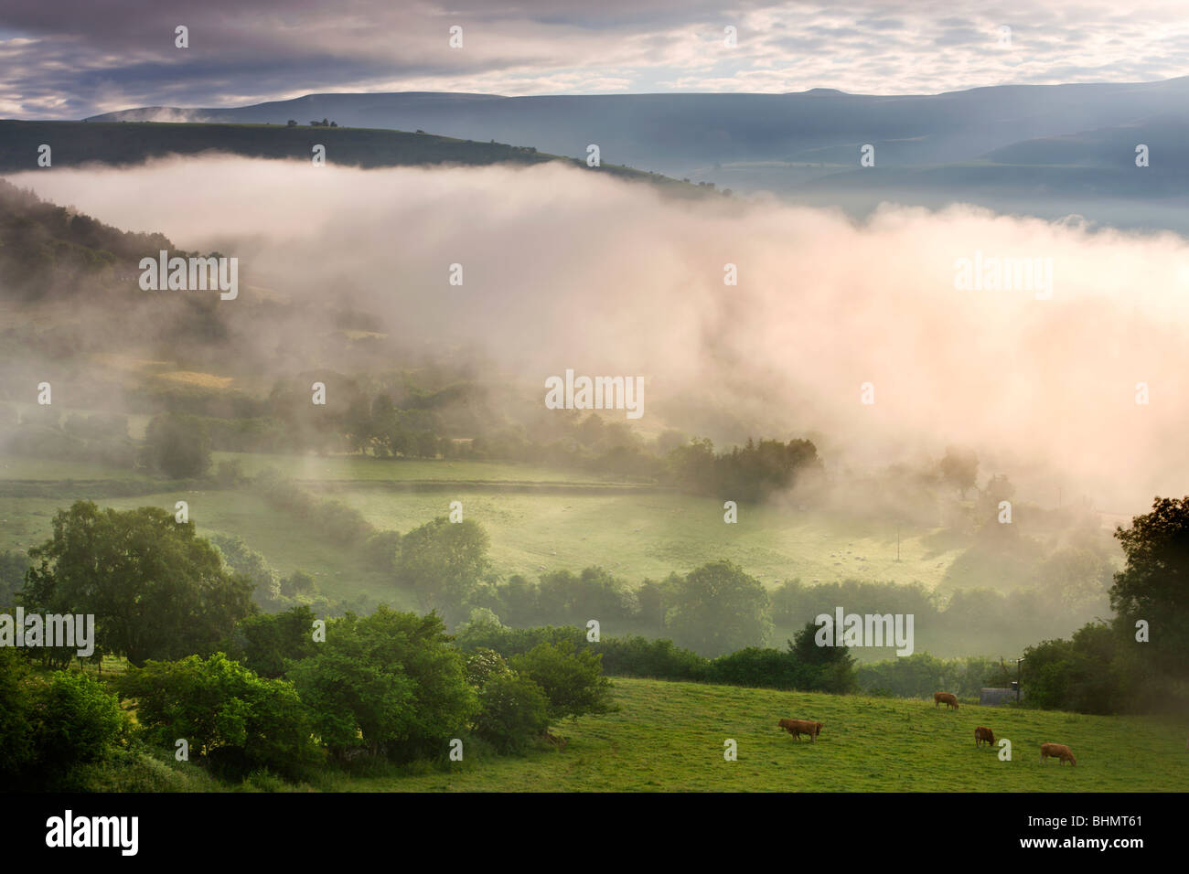 Nebel hängt tief in den Tälern in der Nähe von Bwlch, Brecon Beacons National Park, Powys, Wales, UK. Sommer (Juni) 2009 Stockfoto
