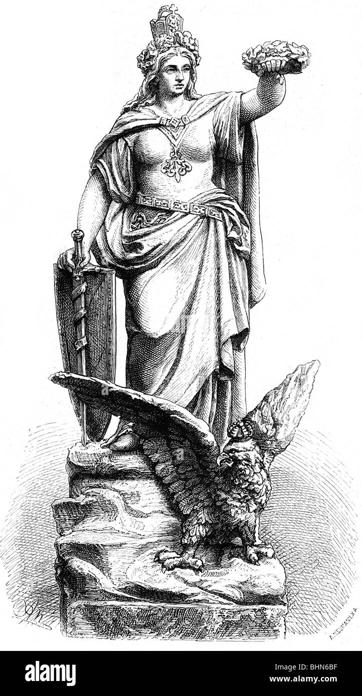 Germanien, Personifikation Deutscher Nation, Holzgravur von Adolf Neumann nach Statue von L. Albrecht, 19. Jahrhundert, Stockfoto