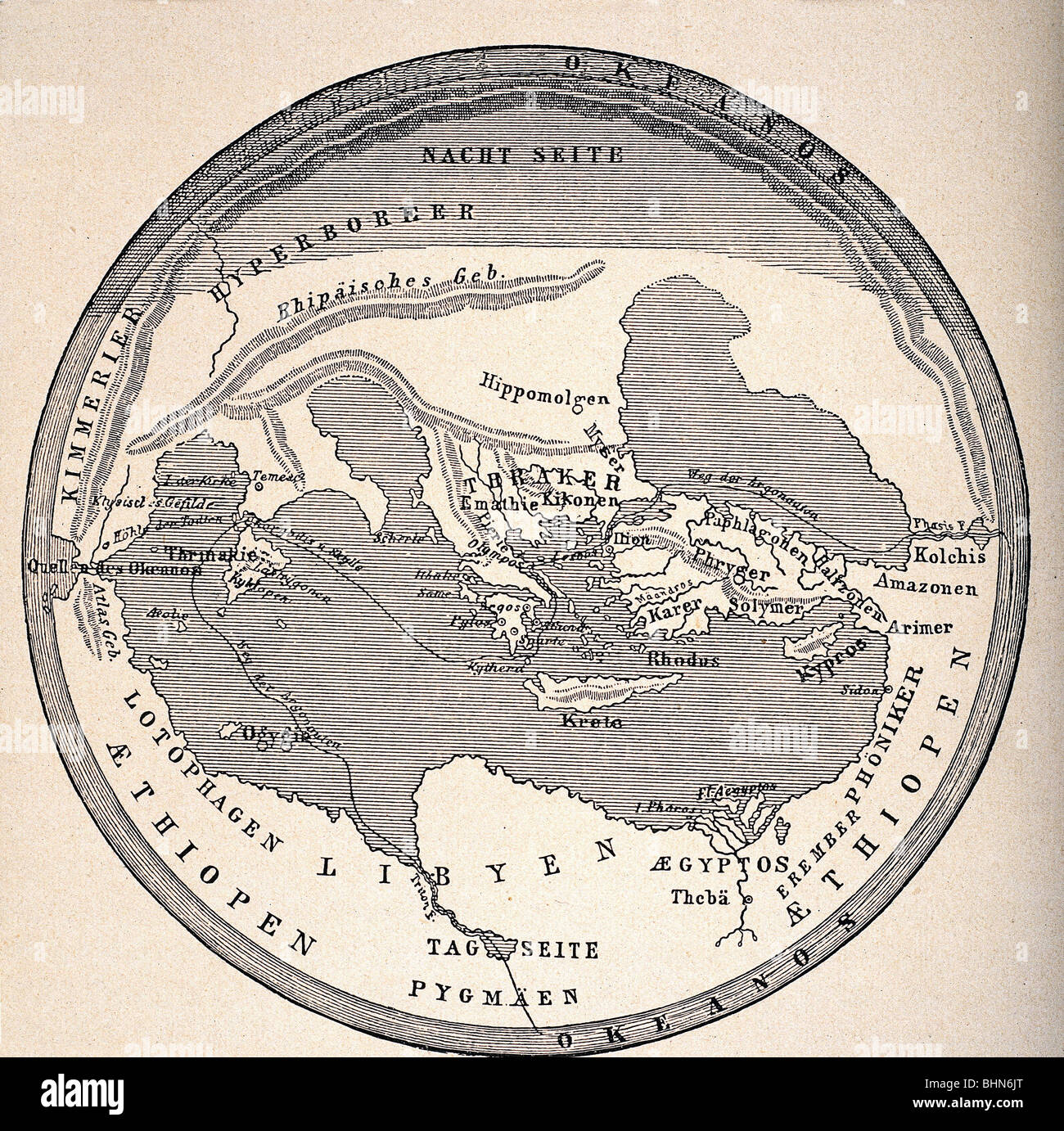 Kartografie, Weltkarten, Antike Welt, Erdkarte nach Homer, Rekonstruktion, 19. Jahrhundert, Europa, Afrika, Asien, Mittelmeer, Griechenland, Kretas, Äthiopien, Libyen, Phönizien, Ägypten, Lotophagi, Hyperborea, Nachtseite, Tagesseite, Orientierung nach Norden, Schwarzes Meer, Colchis, historisch, historisch, Antike, Antike, Stockfoto