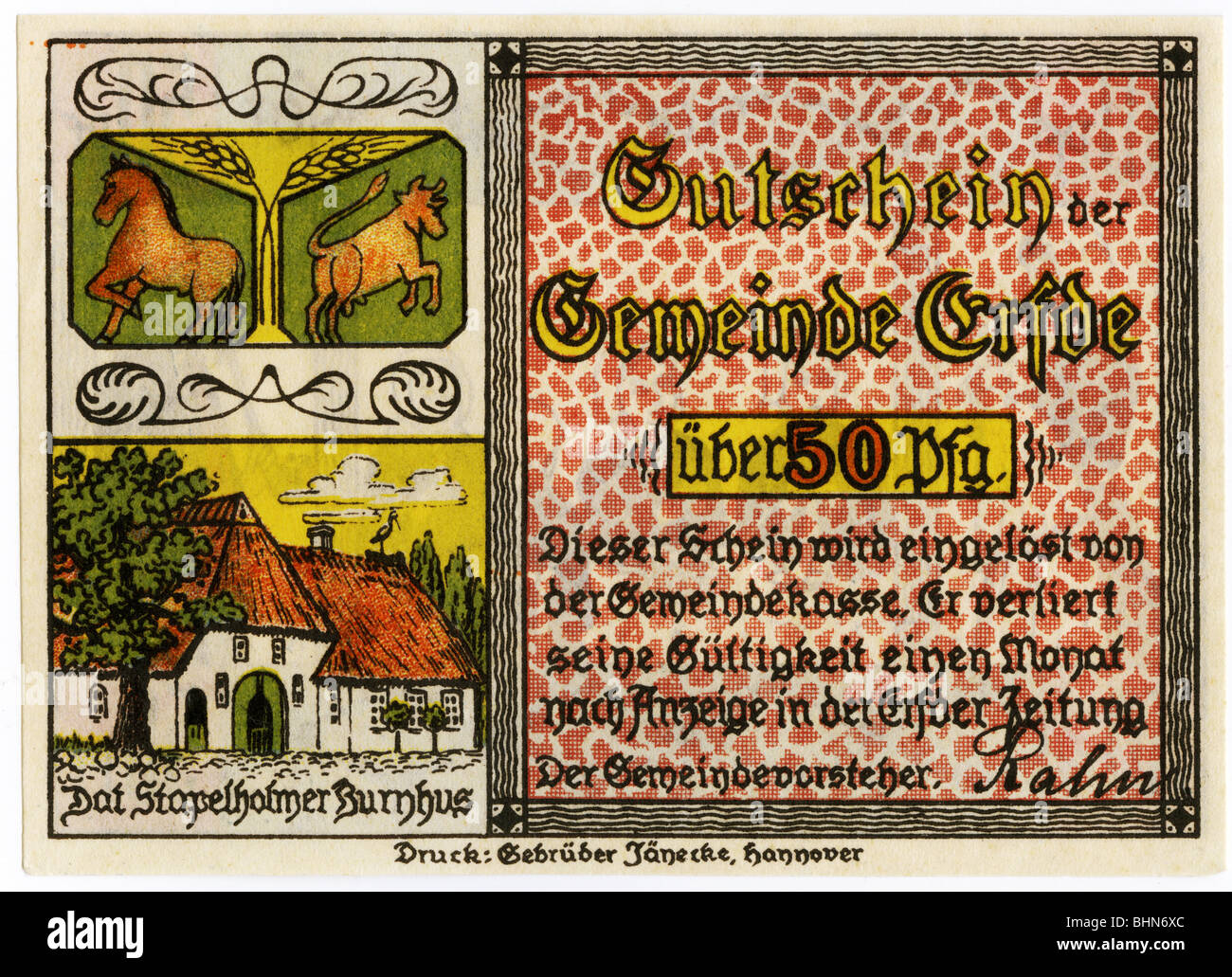 Geld / Finanzen, Banknoten, Deutschland, 50 Pfennig, Notgeld, Token, Erfde-Gemeinschaft, ca. 1920, Stockfoto