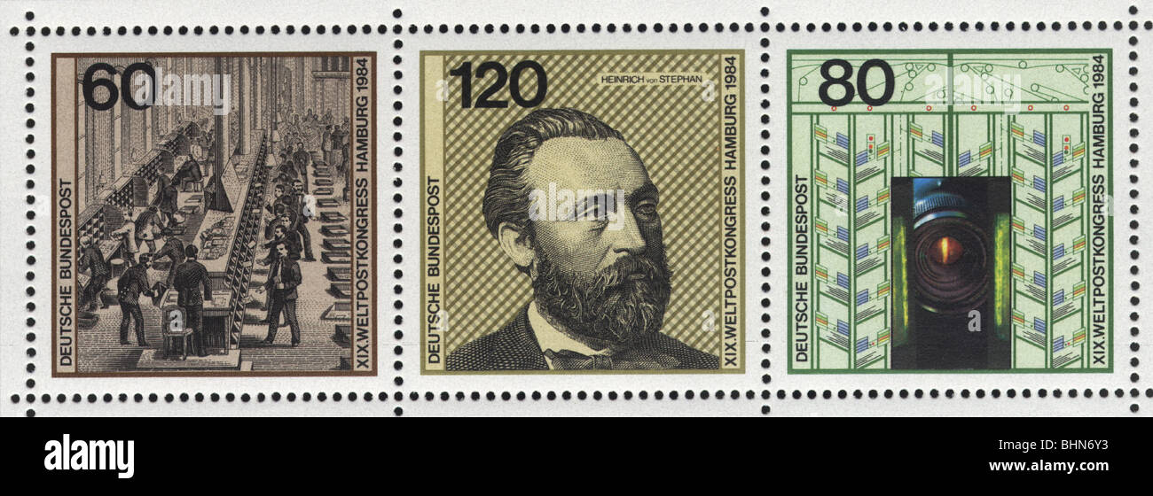 Post/Post, Briefmarken, Westdeutschland, Deutsche Bundespost, 60, 120 und 80 Pfennig-Sonderausdruckmarken, gedruckt anlässlich des 19. Weltpostkongresses, Hamburg, 1984, Porträt von Heinrich von Stephan, 1980er, 80er, 20. Jahrhundert, historisch, historisch, Menschen, Stockfoto
