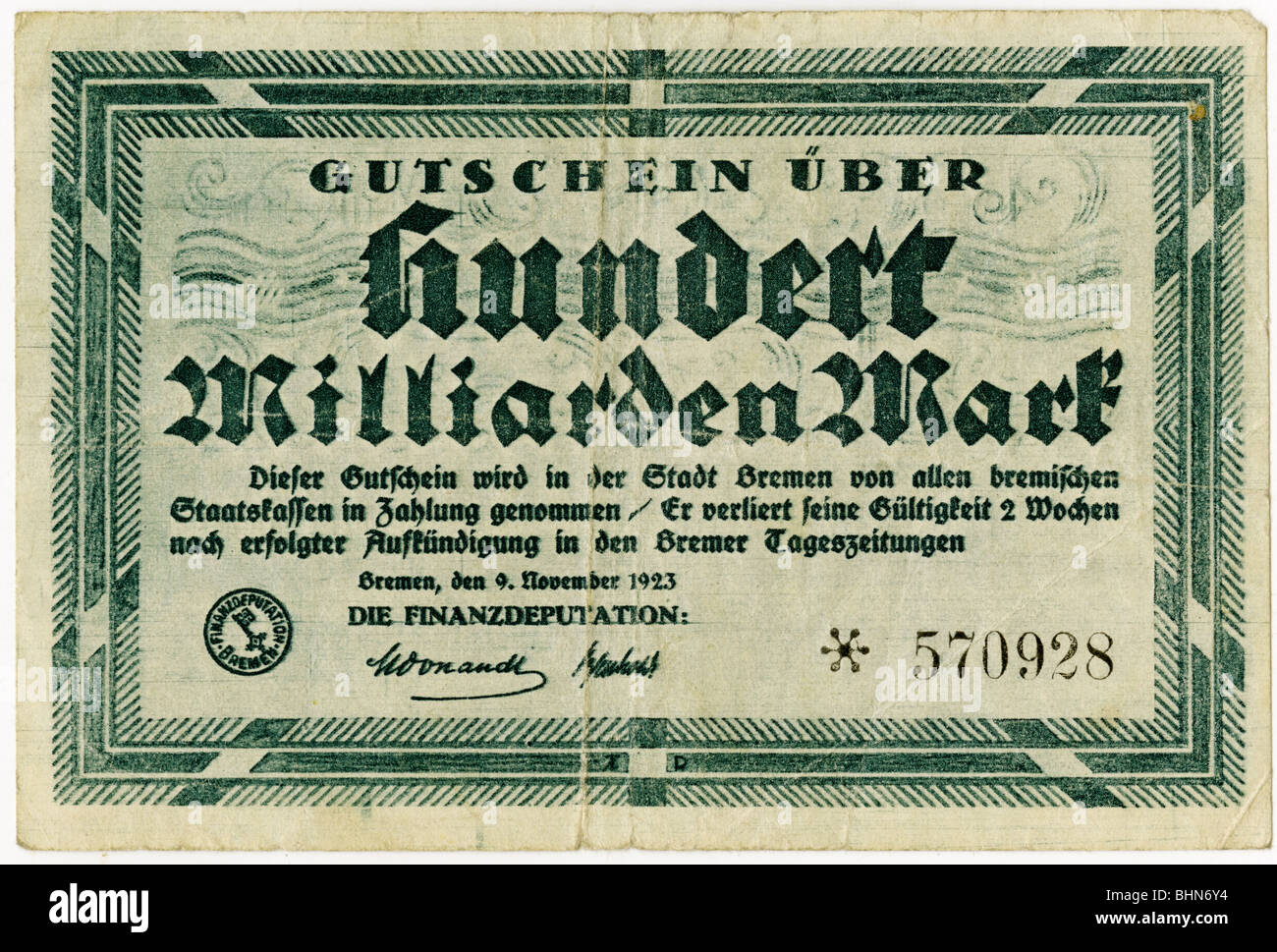 Geld / Finanzen, Banknoten, Deutschland, 100 Milliarden Mark, Notgeld, Token der Stadt Bremen, 9.11.1923, Stockfoto