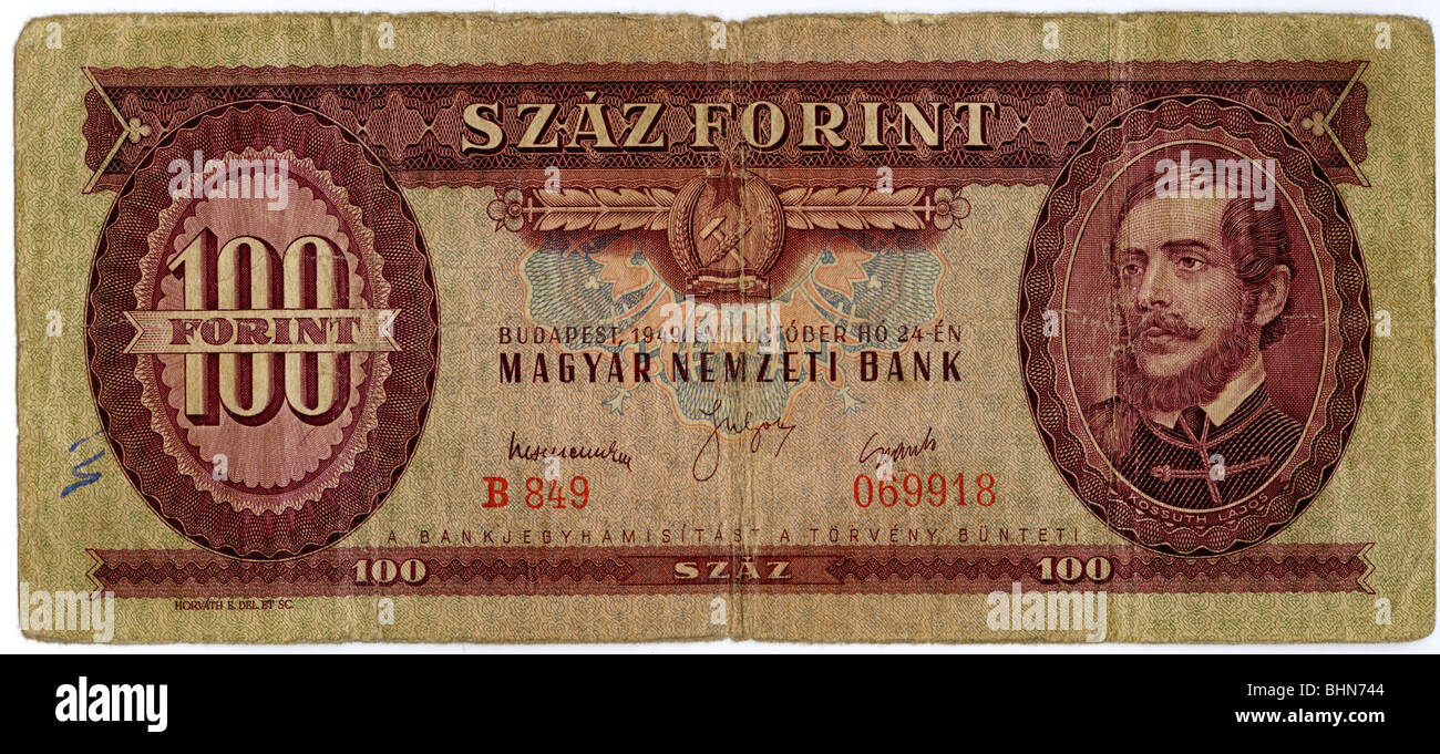 Geld / Finanzen, Banknoten, Ungarn, 100 Forint, Ungarische Zentralbank, 10.10.1949, Stockfoto