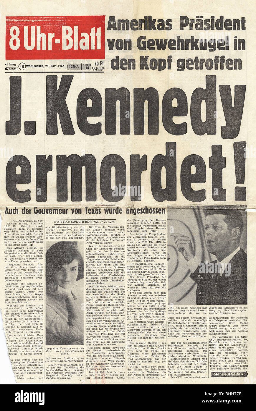 Kennedy, John Fitzgerald, 29.5.1917 - 22.11.1963, US-Politiker, Präsident der USA, Attentat, Schlagzeile, deutsche Zeitung, "8 Uhr-Blatt", 23.11.1963, Stockfoto