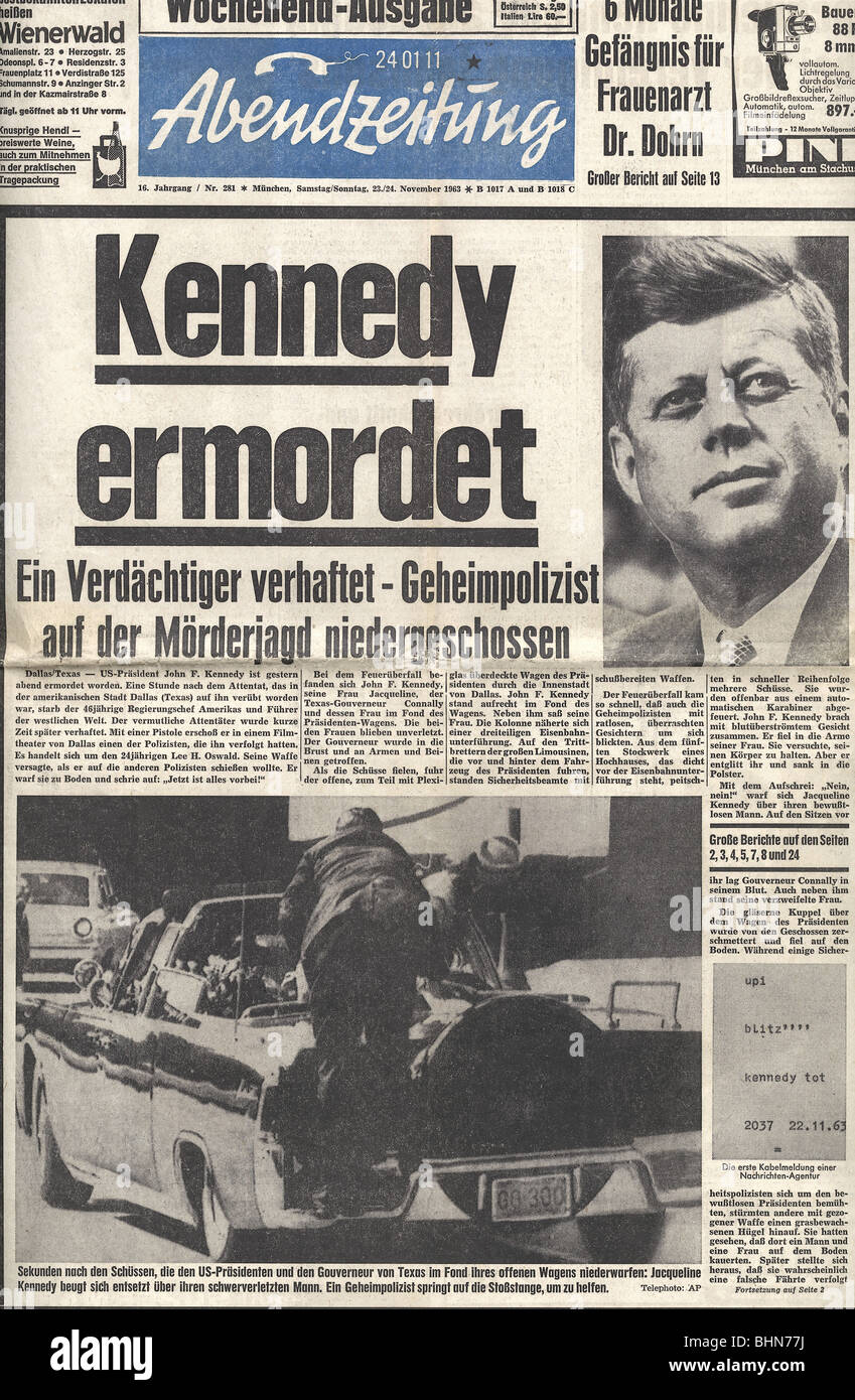 Kennedy, John Fitzgerald, 29.5.1917 - 22.11.1963, US-Politiker, Präsident der USA, Attentat, Schlagzeile, deutsche Zeitung, Abendzeitung, München, 23./24.11.1963, Stockfoto