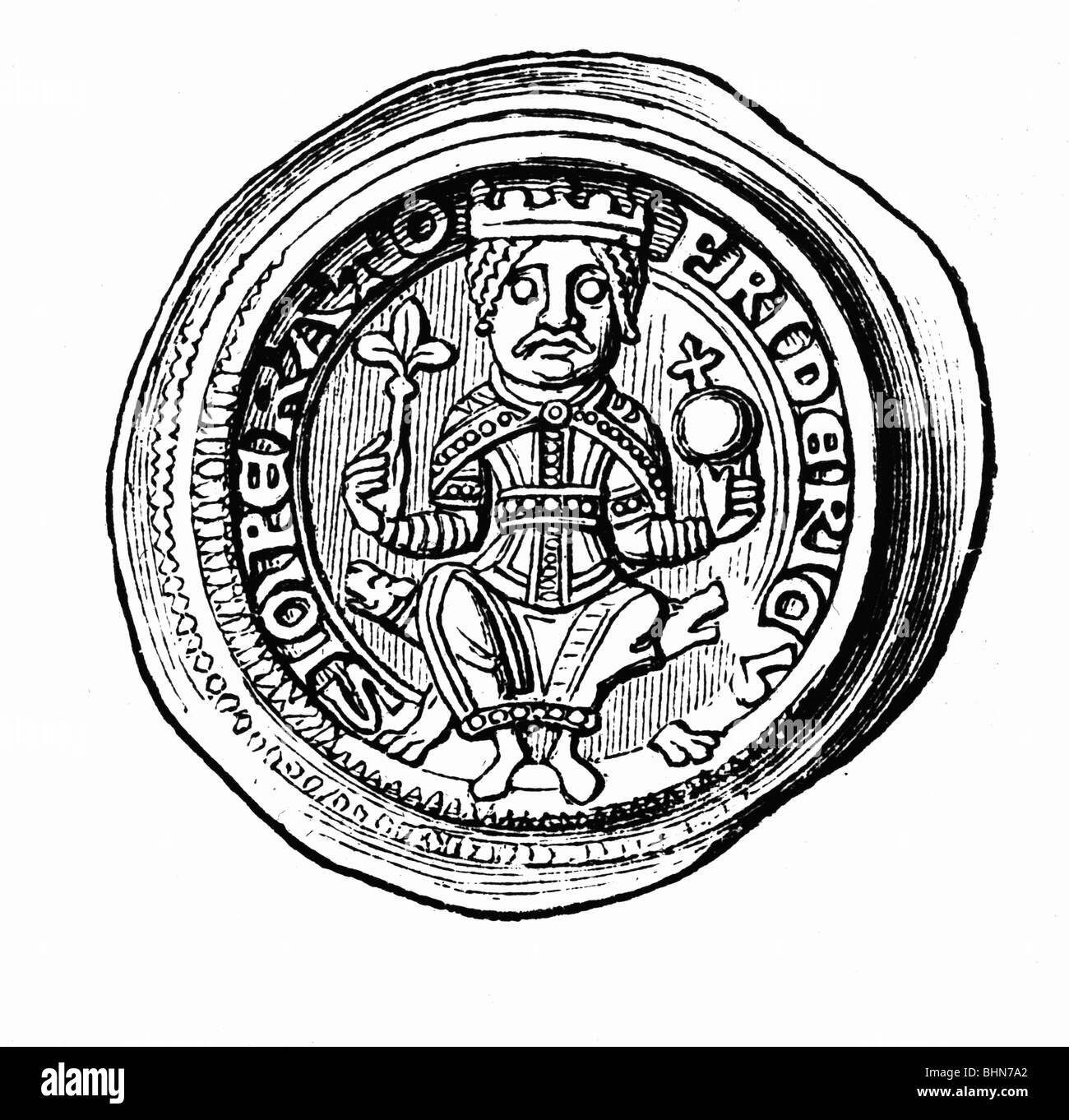 Friedrich I. 'Barbarossas', ca. 1122 - 10.6.1190, König von Deutschland, Heiliger römischer Kaiser 18.6.1155 - 10.6.1190, halbe Länge, sitzend, Holzgravur, nach Armbrustbespannung, 12. Jahrhundert, Stockfoto