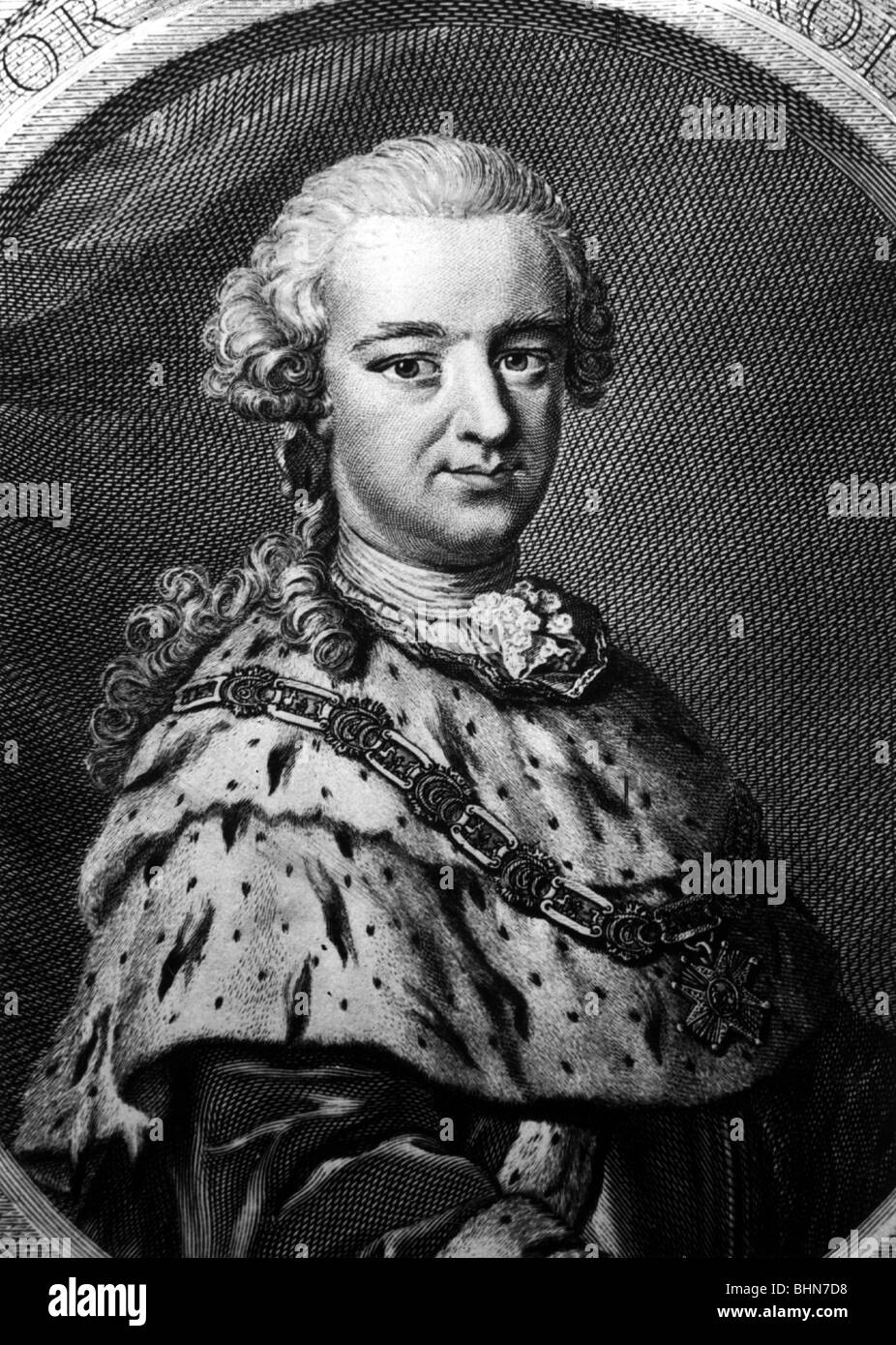 Charles Theodore, 11.12.1724 - 16.2.1799, Kurfürst von Bayern 1777-1799, halbe Länge, Kupferstich von J. G. Wilke, nach dem Gemälde von Johann Georg Ziesenis, 18. Jahrhundert, Detail, Artist's Urheberrecht nicht gelöscht werden Stockfoto