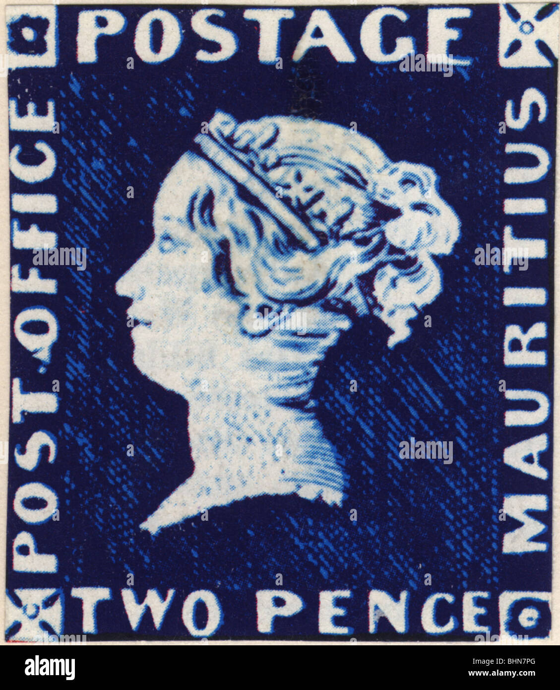 Post/Post, Briefmarken, Großbritannien, Mauritius Two Pence ("Blue Mauritius"), von 1848, Nachdruck, Stockfoto