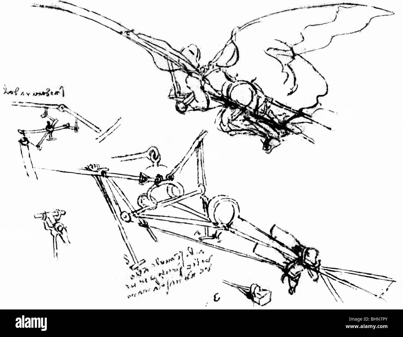 Leonardo da Vinci, 15.4.1452 - 2.5.1519, italienischer Künstler (Maler und Bildhauer), seine Arbeit, Studie der fliegenden Maschine mit Pilot, Kodex Atlanticus, Skizze, 1480 - 1519, Stockfoto