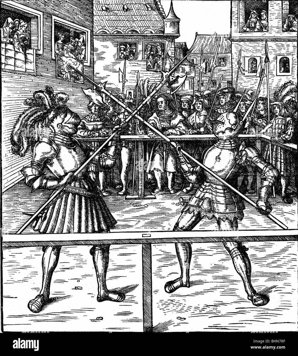 Mittelalter, Ritter, Turnier, Kampf mit Halbtönen, Holzschnitt von Hans Burgkmair zu Freydal, von Kaiser Maximilian I., ca. 1513, Stockfoto