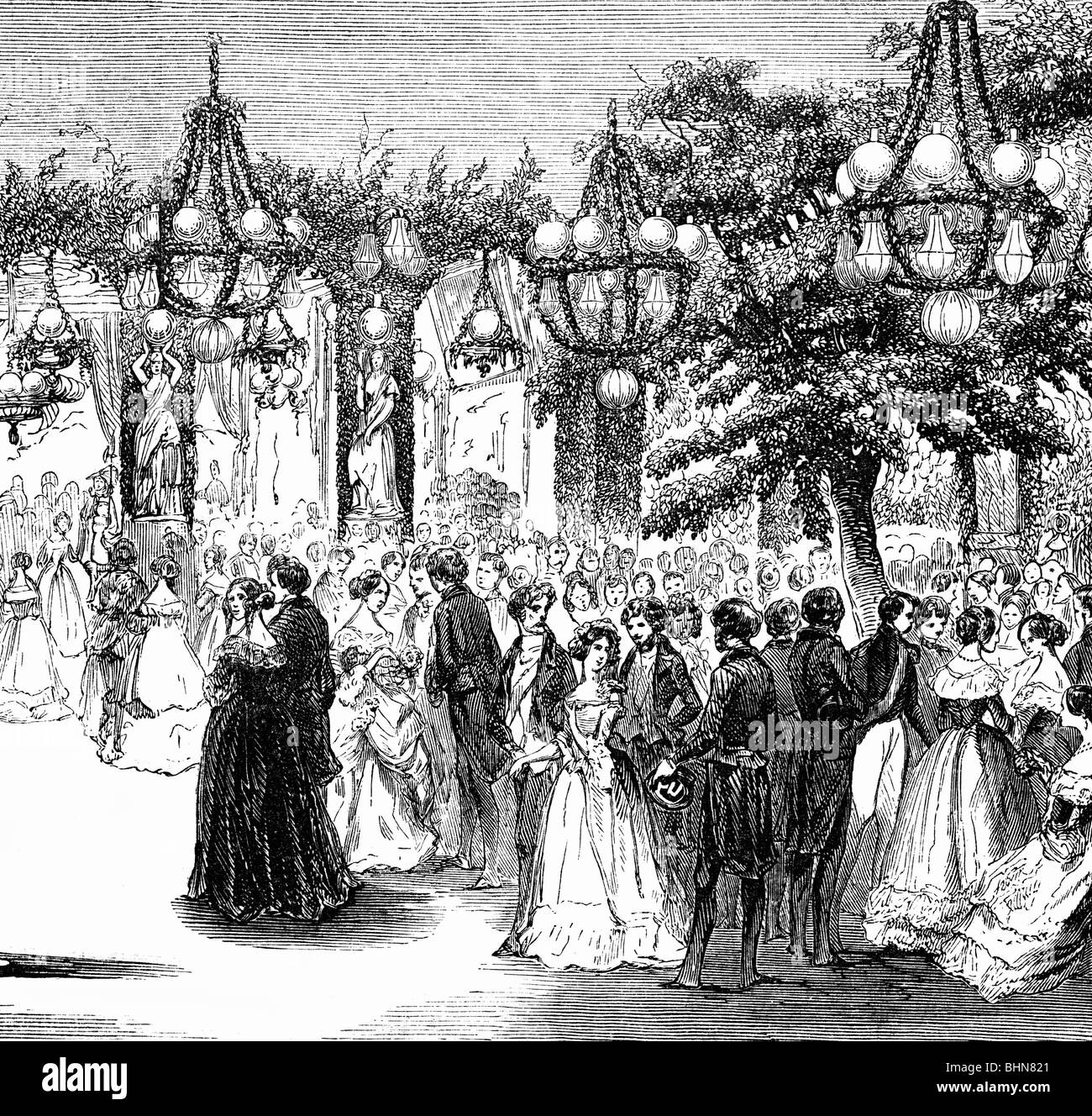 Festlichkeit, Bälle und Gesellschaft, Gartenparty des Hotels Lamber, Paris, Holzgravur, 1854, Stockfoto