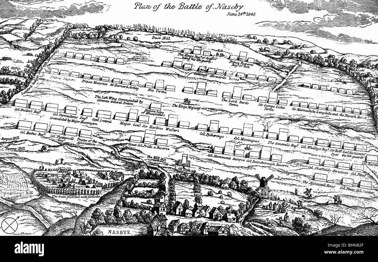 Geografie/Reisen, Großbritannien, Bürgerkrieg 1642 - 1651, Naseby-Schlacht, 14.6.1645, Aktionsplan, nach zeitgenössischer Gravur, Stockfoto